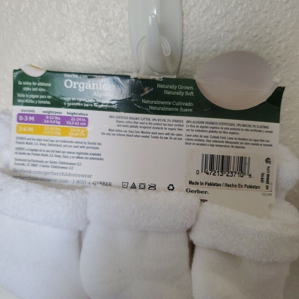 Gerber Baby White Socks Boys & Girls Plush 6 Pack Size 3-6 Months Organic Cotton - Picture 4 of 11
